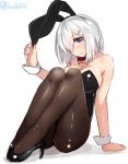  1girl animal_ears arm_support bangs bare_shoulders black_legwear black_shoes blue_eyes blush breasts bunnysuit detached_collar expressionless fake_animal_ears hair_ornament hair_over_one_eye hairclip hamakaze_(kantai_collection) head_tilt high_heels isshiki_(ffmania7) kantai_collection knees_up large_breasts legs_together leotard looking_at_viewer on_floor pantyhose rabbit_ears shoes short_hair silver_hair sitting sketch solo twitter_username white_background wrist_cuffs 