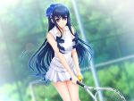  1girl black_hair flower hair_flower hair_ornament holding_ball long_hair racket solo sportswear tennis_racket tennis_uniform violet_eyes walkure_romanze 