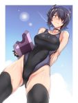  1girl blush breasts collarbone eyepatch gloves groin headgear kantai_collection large_breasts looking_at_viewer looking_down purple_hair short_hair solo swimsuit tenryuu_(kantai_collection) thigh-highs ulrich_(tagaragakuin) yellow_eyes 