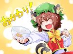  1girl :d ^_^ animal_ears bow bowl bowtie brown_hair cat_ears cat_tail chen chopsticks closed_eyes earrings fang food food_on_face hat highres jewelry multiple_tails open_mouth rice_bowl rice_on_face shinapuu short_hair smile solo tail touhou translated yellow_bow 