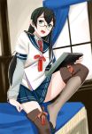  1girl :d black_hair glasses green_eyes kantai_collection long_hair long_sleeves looking_at_viewer notebook ojipon on_bed ooyodo_(kantai_collection) open_mouth school_uniform serafuku sitting sitting_on_bed skirt smile solo thigh-highs thighs 