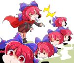  1girl bow cape closed_eyes disembodied_head hair_bow long_sleeves multiple_heads red_eyes redhead sekibanki shinapuu shirt short_hair skirt smile solo touhou whistle 