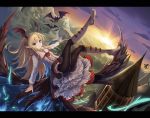  1girl bat bat_wings black_wings blonde_hair boots castle dutch_angle eruthika feathered_wings flower flying frilled_skirt frills granblue_fantasy head_wings highres letterboxed long_hair looking_at_viewer low_wings outstretched_arms pantyhose petticoat pointy_ears red_eyes rose skirt smile solo sunrise vampire vampy wings 