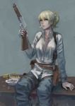  1girl arm_support belt blonde_hair blue_eyes blue_pants box bullet cigarette ear_piercing gun highres holding_gun holding_weapon jittsu lever_action long_hair looking_at_viewer mare&#039;s_leg mouth_hold original pants piercing ponytail shirt sitting smoking solo thigh_strap weapon white_shirt 