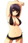  1girl armpits arms_up bikini black_hair blush breasts cleavage highres large_breasts matsunaga_kouyou navel original red_eyes short_shorts shorts solo standing swimsuit 