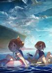  2girls airplane bird brown_eyes brown_hair clouds cusui destroyer floating folded_ponytail hair_ornament hairclip ikazuchi_(kantai_collection) inazuma_(kantai_collection) kantai_collection lifebuoy long_hair multiple_girls ocean open_mouth school_swimsuit seagull ship short_hair sky smile swimsuit warship water 