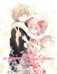  1boy 1girl 2013 akeome artist_name commentary_request floral_print flower hair_flower hair_ornament haori happy_new_year hug itsuki_(s2_129) japanese_clothes kimono looking_at_viewer nengajou new_year original slit_pupils snake tears v wavy_mouth 