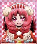  1girl :d akagi_towa blush bow checkered checkered_background cokata curly_hair go!_princess_precure goat_horns hairband long_hair open_mouth precure red_bow red_eyes redhead smile solo twitter_username upper_body 