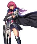  1girl armored_boots belt black_gloves breasts brown_hair cape character_request cleavage commentary_request copyright_request feather_trim gloves hair_between_eyes honeyyun korean long_hair looking_at_viewer pauldrons pink_hair smile solo sword vambraces weapon 