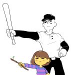  1boy age_difference androgynous bald baseball_bat baseball_cap baseball_uniform brown_hair closed_eyes cowboy_shot crossover frisk_(undertale) hat height_difference inkerton-kun off one_eye_closed outstretched_arm pointing shaded_face shirt short_hair simple_background sportswear stick striped striped_shirt the_batter undertale white_background white_skin yellow_skin 