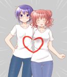  &gt;:) 2girls :d ^_^ blush closed_eyes couple denim double_bun glasses hand_on_hip hidamari_sketch hiro hug jeans looking_at_viewer matching_outfit multiple_girls open_mouth pants purple_hair sae short_hair smile sparkle t-shirt utomo violet_eyes yuri 