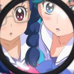  2girls blue_eyes blue_hair braid glasses go!_princess_precure haruyama_kazunori kaidou_minami multiple_girls nanase_yui precure red_eyes school_uniform semi-rimless_glasses twin_braids under-rim_glasses 