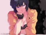  1girl black_hair blue_eyes breasts chin_rest cleavage fingerless_gloves ghost_in_the_shell gloves head_tilt jacket katsuoboshi kusanagi_motoko looking_at_viewer no_bra orange_jacket short_hair solo 