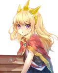  1girl :o blonde_hair blur blush book bow cagliostro_(granblue_fantasy) cape carrying crown ganida_boushoku granblue_fantasy hairband holding holding_book long_hair looking_at_viewer open_mouth simple_background solo violet_eyes white_background 