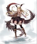  1girl :d artist_name bat_wings black_legwear black_skirt blonde_hair boots collared_shirt demon_tail fang flower frilled_skirt frills granblue_fantasy head_wings long_hair long_sleeves multiple_tails open_mouth orange_eyes pantyhose pointy_ears red_rose rose shingeki_no_bahamut shirt skirt smile solo tail vampire vampy white_shirt wings yato_(nanamkyt) 