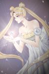  1girl artist_name bare_shoulders bead_bracelet bishoujo_senshi_sailor_moon breasts cleavage collarbone crescent double_bun dress earrings facial_mark flower forehead_mark glowing hair_beads jewelry lens_flare long_neck princess_serenity solo tsukino_usagi twintails white_dress yujin 