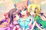  3girls :&lt; ;d akatsuki_kirika arm_hug black_hair blonde_hair blue_eyes blush demon_tail double_arm_hug girl_sandwich green_eyes hair_ribbon long_hair maria_cadenzavna_eve multiple_girls one_eye_closed open_mouth pink_hair ribbon sandwiched satsuki_suzuran senki_zesshou_symphogear short_hair short_sleeves smile tail tsukuyomi_shirabe twintails violet_eyes 