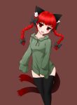  1girl alternate_costume animal_ears black_legwear blush braid cat_ears cat_tail extra_ears fang hair_ornament hair_ribbon highres hoodie kaenbyou_rin long_hair long_sleeves looking_at_viewer looking_to_the_side multiple_tails omochi_(omochi_natto) open_mouth red_background red_eyes redhead ribbon simple_background slit_pupils smile solo tail thigh-highs touhou twin_braids zettai_ryouiki 