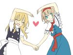  2girls alice_margatroid apron ascot blonde_hair blue_eyes blush capelet closed_eyes couple hairband heart heart_arms_duo holding_hands kirisame_marisa multiple_girls no_hat open_mouth simple_background smile touhou tsuno_no_hito waist_apron white_background yuri 