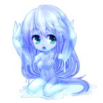  1girl absurdres blue_eyes blue_skin blush breasts chibi commentary_request goo_girl highres large_breasts long_hair looking_at_viewer midriff monster_girl navel no_nipples open_mouth original oversized_limbs sitting slime solo vixen_(stinger) wariza 