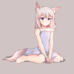  1girl animal_ears barefoot between_legs blue_eyes dress hand_between_legs nao_(ritsancrossover) original short_hair silver_hair sitting sketch strap_slip sundress tail wariza wolf_ears wolf_tail 