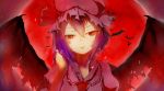  1girl bat bat_wings fangs full_moon hat hat_ribbon highres looking_at_viewer mob_cap moon open_mouth portrait puffy_sleeves purple_hair red_eyes red_moon remilia_scarlet ribbon shirt short_hair short_sleeves smile solo touhou wings yusan 