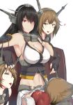  2girls bare_shoulders between_thighs black_hair breasts brown_hair cleavage clone fingerless_gloves gloves green_eyes hand_on_another&#039;s_head headgear heart hews_hack kantai_collection large_breasts long_hair looking_at_viewer looking_up multiple_girls mutsu_(kantai_collection) nagato_(kantai_collection) navel open_mouth panties panty_pull red_eyes red_legwear short_hair sitting smelling smile thigh-highs tongue tongue_out underwear white_panties yuri 