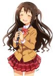  1girl ^_^ ayuto blush brown_hair closed_eyes idolmaster idolmaster_cinderella_girls long_hair microphone open_mouth plaid plaid_skirt red_skirt school_uniform shimamura_uzuki simple_background skirt smile solo tears white_background 