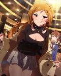  2girls artist_request breasts brown_eyes brown_hair cleavage earrings idolmaster idolmaster_million_live! jewelry licking_lips long_hair momose_rio multiple_girls official_art one_eye_closed pantyhose side_ponytail smile tongue tongue_out yokoyama_nao 