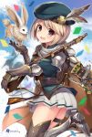  1girl :d armored_boots ass bankoku_ayuya beret black_legwear blonde_hair blush brown_eyes cait_sith_(granblue_fantasy) cape cat confetti elbow_pads feathers gita_(granblue_fantasy) gloves granblue_fantasy grey_gloves gun hat hat_feather hawkeye_(granblue_fantasy) long_sleeves looking_at_viewer miniskirt open_mouth pleated_skirt puffy_long_sleeves puffy_sleeves rabbit short_hair shotgun skirt smile solo thigh-highs thigh_strap vambraces weapon white_skirt 