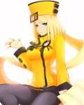  1girl absurdres amanda_evelyn_earl artist_name black_legwear blonde_hair blue_eyes blush coat guilty_gear hat highres long_hair long_sleeves looking_at_viewer millia_rage miniskirt pantyhose pleated_skirt prehensile_hair signature sitting skirt solo very_long_hair white_background 