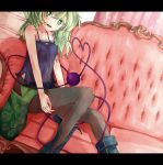  1girl bangs blue_boots boots border camisole colored_eyelashes couch dutch_angle eyeball floral_print green_eyes green_hair green_skirt grey_legwear heart heart_of_string karua_m komeiji_koishi letterboxed long_hair looking_at_viewer on_couch open_mouth pantyhose sitting skirt sleeveless smile solo spaghetti_strap string third_eye touhou underwear unzipped 
