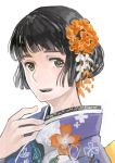  1girl bangs black_hair blunt_bangs commentary_request flower grey_eyes hair_bun hair_flower hair_ornament japanese_clothes kantai_collection kawaoka_(tsuchinokome) kimono looking_at_viewer myoukou_(kantai_collection) open_mouth short_hair sketch smile solo upper_body white_background 
