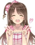  1girl :d ^_^ bow brown_eyes brown_hair closed_eyes commentary_request heart heart_necklace highres idolmaster idolmaster_cinderella_girls jewelry long_hair mizukoshi_(marumi) necklace open_mouth plaid polka_dot polka_dot_bow shimamura_uzuki side_ponytail smile v 