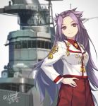  1girl artist_name dated hand_on_hip jun&#039;you_(kantai_collection) kantai_collection long_hair looking_at_viewer purple_hair rokuwata_tomoe ship smile solo twitter_username violet_eyes 