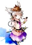  1girl belt bracelet brown_eyes deerstalker dress earmuffs hat jewelry light_brown_hair magnifying_glass makuwauri one_eye_closed pipe shadow simple_background sleeveless solo sword touhou toyosatomimi_no_miko weapon white_background 