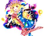  1girl american_flag_legwear american_flag_shirt blonde_hair blush clownpiece fairy_wings frilled_shirt hat highres jester_cap leg_up long_hair looking_at_viewer open_mouth outstretched_arms pantyhose shinonome_myoke short_sleeves smile solo star torch touhou very_long_hair violet_eyes white_background wings 