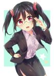  1girl adjusting_glasses black_hair center_frills dress_shirt formal glasses hand_on_hip highres jacket love_live!_school_idol_project open_clothes open_jacket pencil_skirt pero_(pixiv15896580) red_eyes shirt side_slit skirt skirt_suit solo suit teacher twintails yazawa_nico 