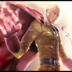  1boy bald belt cape clenched_hand food from_side gloves letterboxed long_sleeves onepunch_man red_cape red_gloves saitama_(onepunch_man) solo spring_onion tomato viola_(seed) zipper 