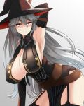  1girl arm_up armpits black_dress black_gloves black_legwear breasts dress elbow_gloves garter_straps gloves granblue_fantasy hat highres huge_breasts long_hair magisa_(granblue_fantasy) mattari_yufi pose red_eyes showing_armpits silver_hair smile solo thigh-highs very_long_hair witch_hat zettai_ryouiki 