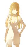  1girl blonde_hair bracelet breasts cleavage dress flower hand_on_hip jewelry lp_(hamasa00) necklace no_bra original solo strapless_dress white_background white_dress white_flower yellow_eyes 