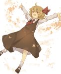  1girl :d black_dress black_shoes blonde_hair dress gensou_aporo hair_ribbon long_sleeves mary_janes necktie open_mouth outstretched_arms red_eyes red_necktie red_ribbon ribbon rumia shirt shoes short_hair short_sleeves smile solo touhou white_legwear 