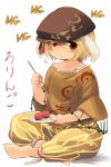  1girl :t animal_ears barefoot beret blonde_hair dango eating food hat highres indian_style rabbit_ears red_eyes ringo_(touhou) short_hair sitting solo touhou wagashi yudepii 