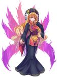  1girl black_dress blonde_hair chinese_clothes crescent dress hat highres junko_(touhou) large_breasts long_hair long_sleeves multiple_tails open_mouth red_eyes ribbon sash smile solo tabard tail touhou very_long_hair wide_sleeves zephid 
