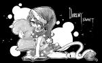 1girl book character_name doremy_sweet dress hair_over_one_eye hat monochrome nightcap pillow pom_pom_(clothes) shirt short_hair skirt smile socks solo tail touhou yt_(wai-tei) 