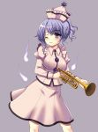  1girl blush hanao_(kuma-tan_flash!) hat hitodama instrument lavender_eyes lavender_hair merlin_prismriver one_eye_closed purple_background solo touhou trumpet 