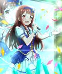  1girl :d blush brown_eyes brown_hair confetti glowstick hairband idol idolmaster idolmaster_million_live! lens_flare lieass long_hair microphone monitor official_art open_mouth smile solo sparkle tanaka_kotoha zoom_layer 