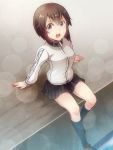  1girl arm_support black_legwear bloom blurry bokeh brown_hair depth_of_field dutch_angle hayasui_(kantai_collection) kantai_collection kneehighs open_mouth pleated_skirt shoes short_hair sitting skirt solo tamago_(yotsumi_works) track_jacket violet_eyes 