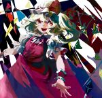  1girl abstract blonde_hair colorful dress flandre_scarlet hat hat_ribbon meyan open_mouth puffy_short_sleeves puffy_sleeves red_dress red_eyes ribbon short_hair short_sleeves side_ponytail solo touhou white_hat wrist_cuffs 