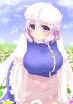  1girl apron blouse blue_eyes breasts field flower flower_field hat highres large_breasts letty_whiterock long_sleeves petals purple_hair shiro_oolong-cha short_hair skirt smile solo touhou 